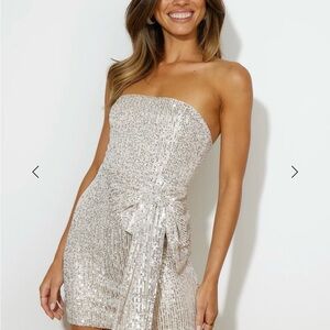 SHE'S THE GIFT SEQUIN MINI DRESS BEIGE